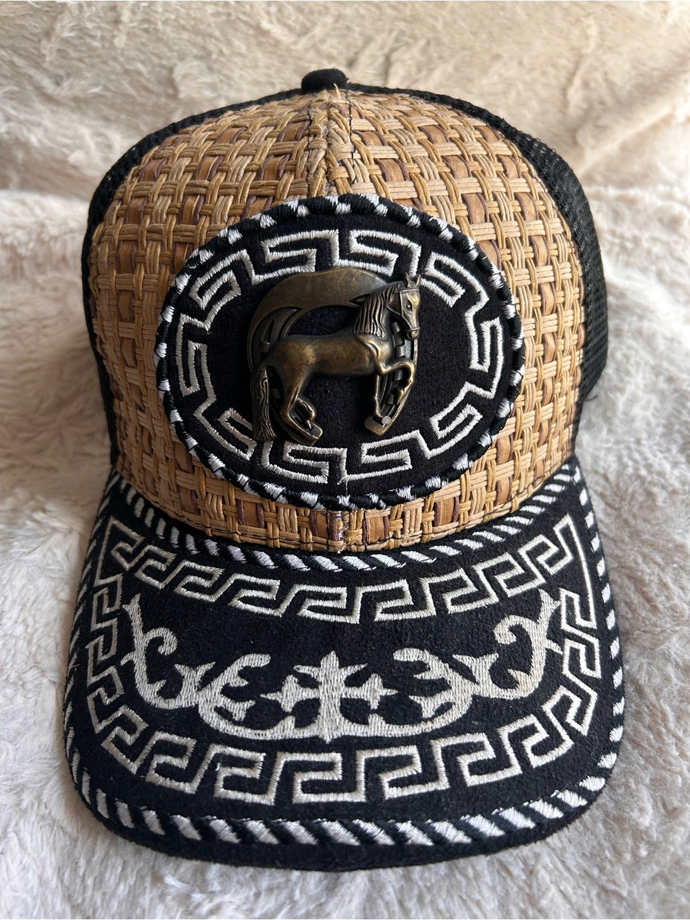 Woven Straw & Black Embroidered Horse Cap